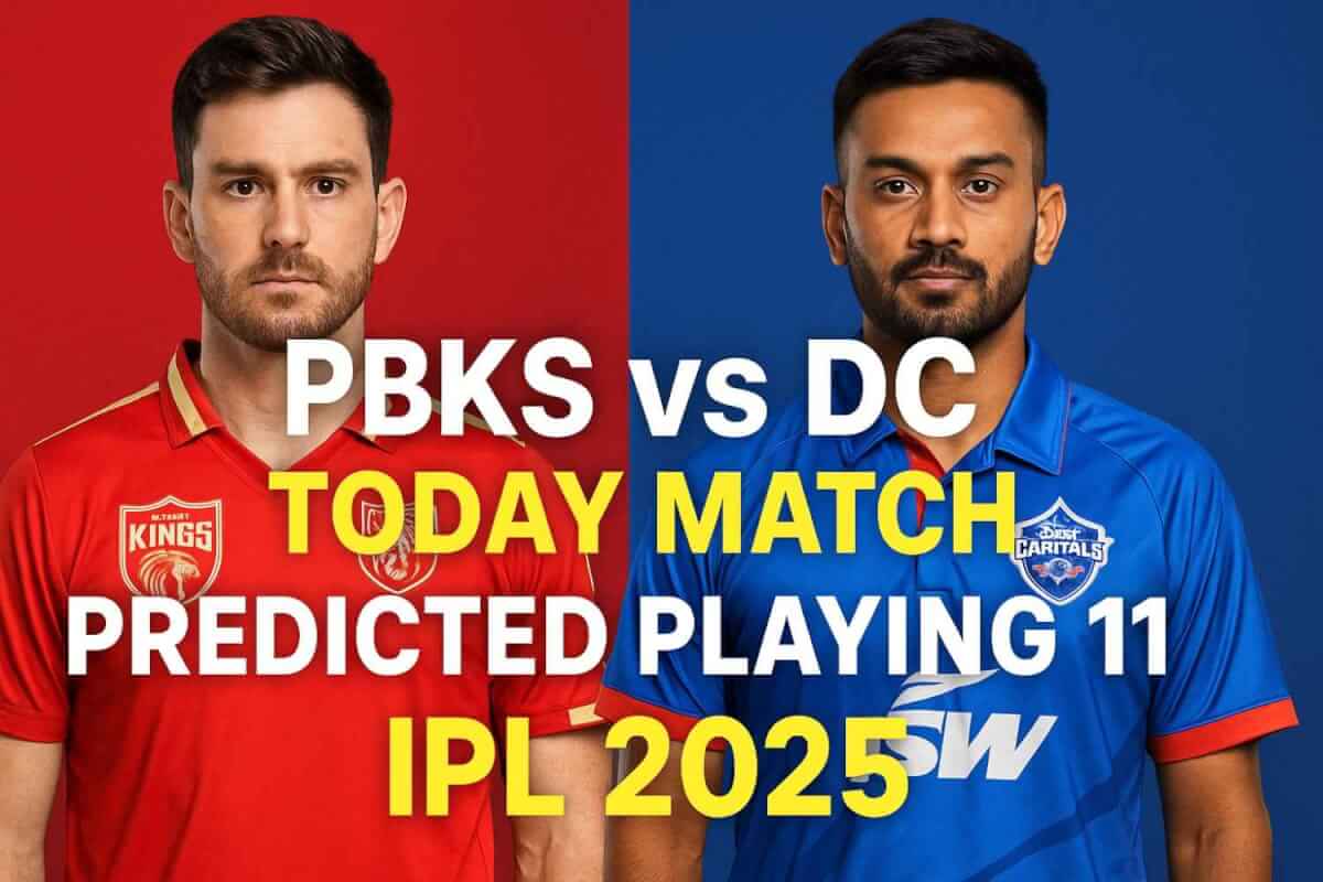 Punjab Kings vs Delhi Capitals match today Thumbnail – IPL 2025 Predicted Playing 11 with Punjab Kings and Delhi Capitals players in team jerseys