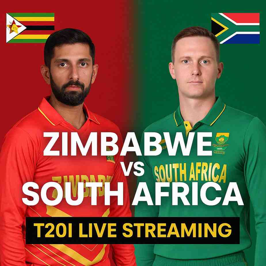 Zimbabwe vs South Africa T20I match thumbnail featuring players in team jerseys with live streaming banner